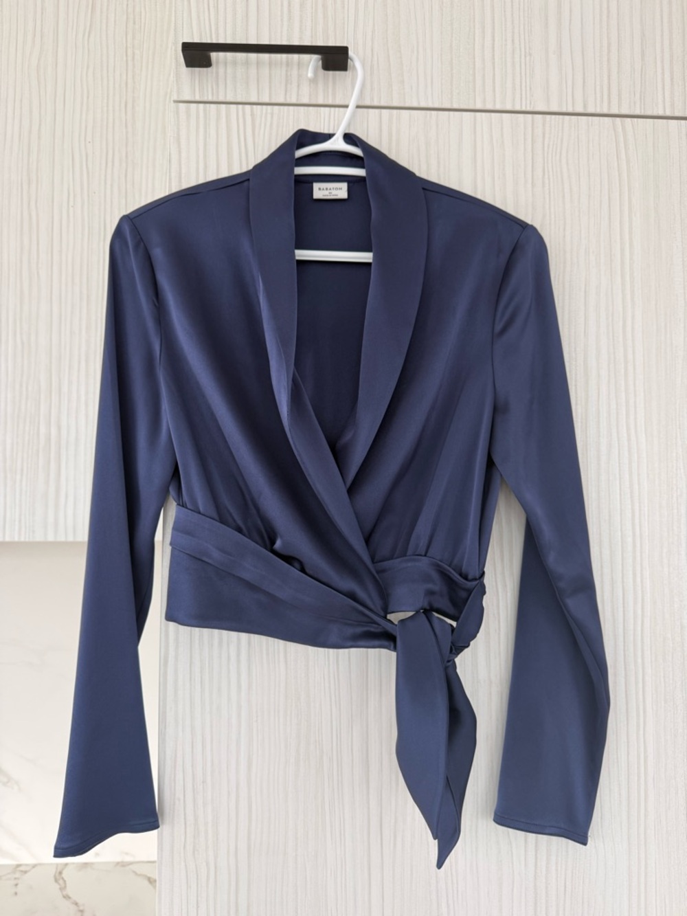 Babaton Navy Wrap Blouse with Tie Waist